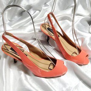 NEW ANNE TAYLOR coral orange patent leather open toe sling back heels  SZ 5
